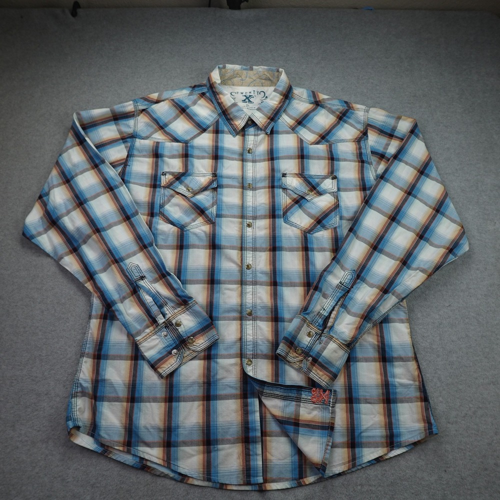 Twenty X Wrangler Shirt Mens XL Blue Plaid Snap Front Long Sleeve Western Cowboy